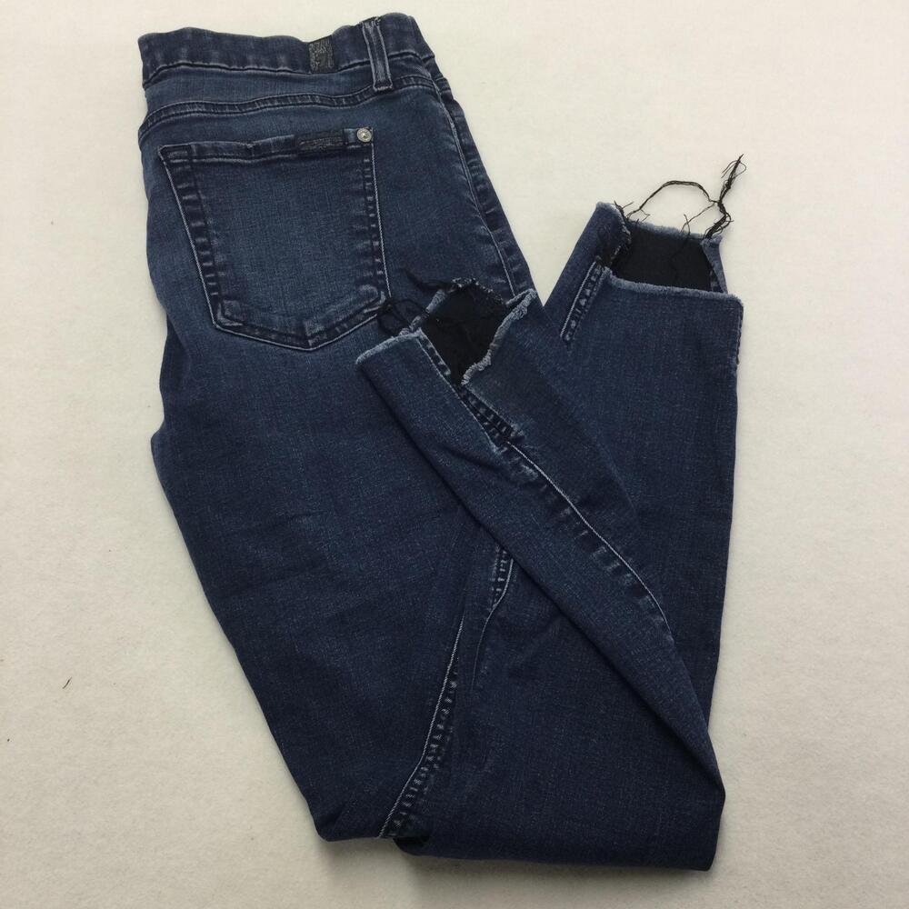 7 For All Mankind Ankle Skinny Jeans Womens 29 Blue Raw Hem Distressed Stretch
